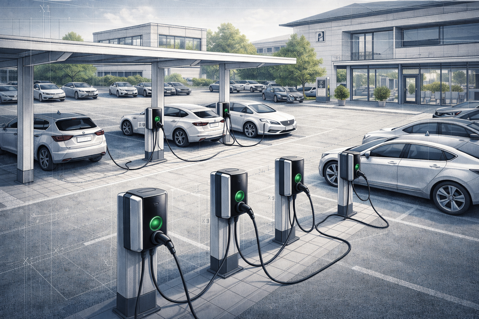 Stazione di ricarica aziendale con colonnine per flotta veicoli elettrici